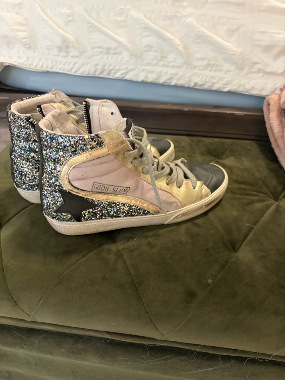 Glitter High-Top Sneakers with Star Accent — Pink & Gold